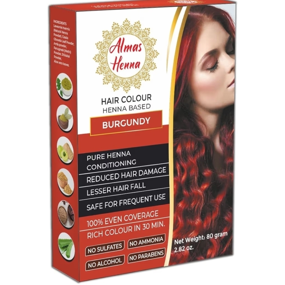 Almas Henna 80 GRAM 100% Organic Hair Color, Burgundy, Henna Powder